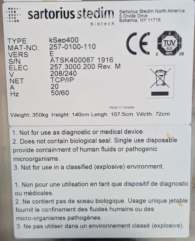Sartorius kSep 400 Single-Use Automated Centrifugation System