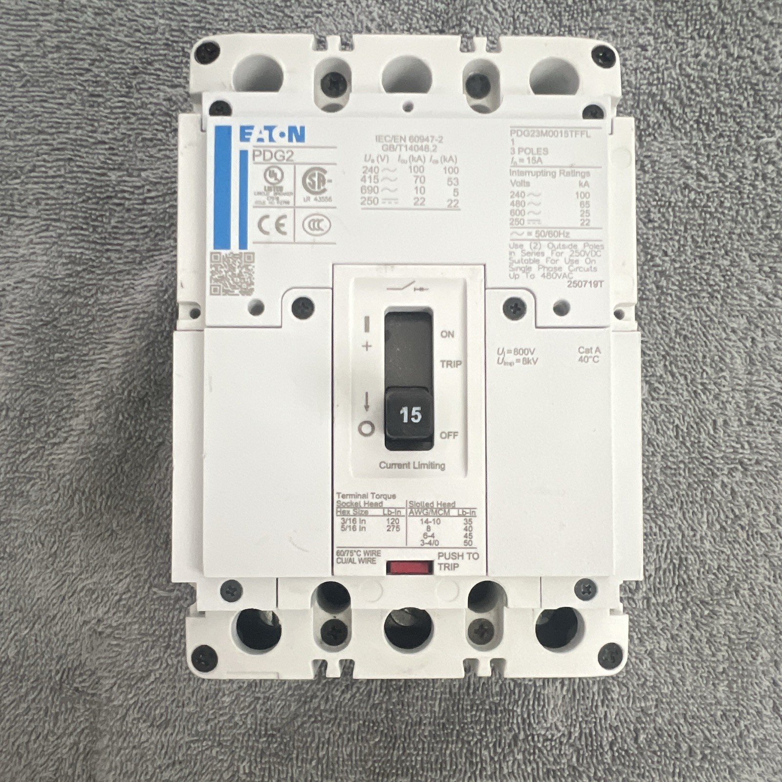 Eaton PDG2 PDG23M0015TFFL Circuit Breaker 15A 3-Pole Bolt-On 240-690V