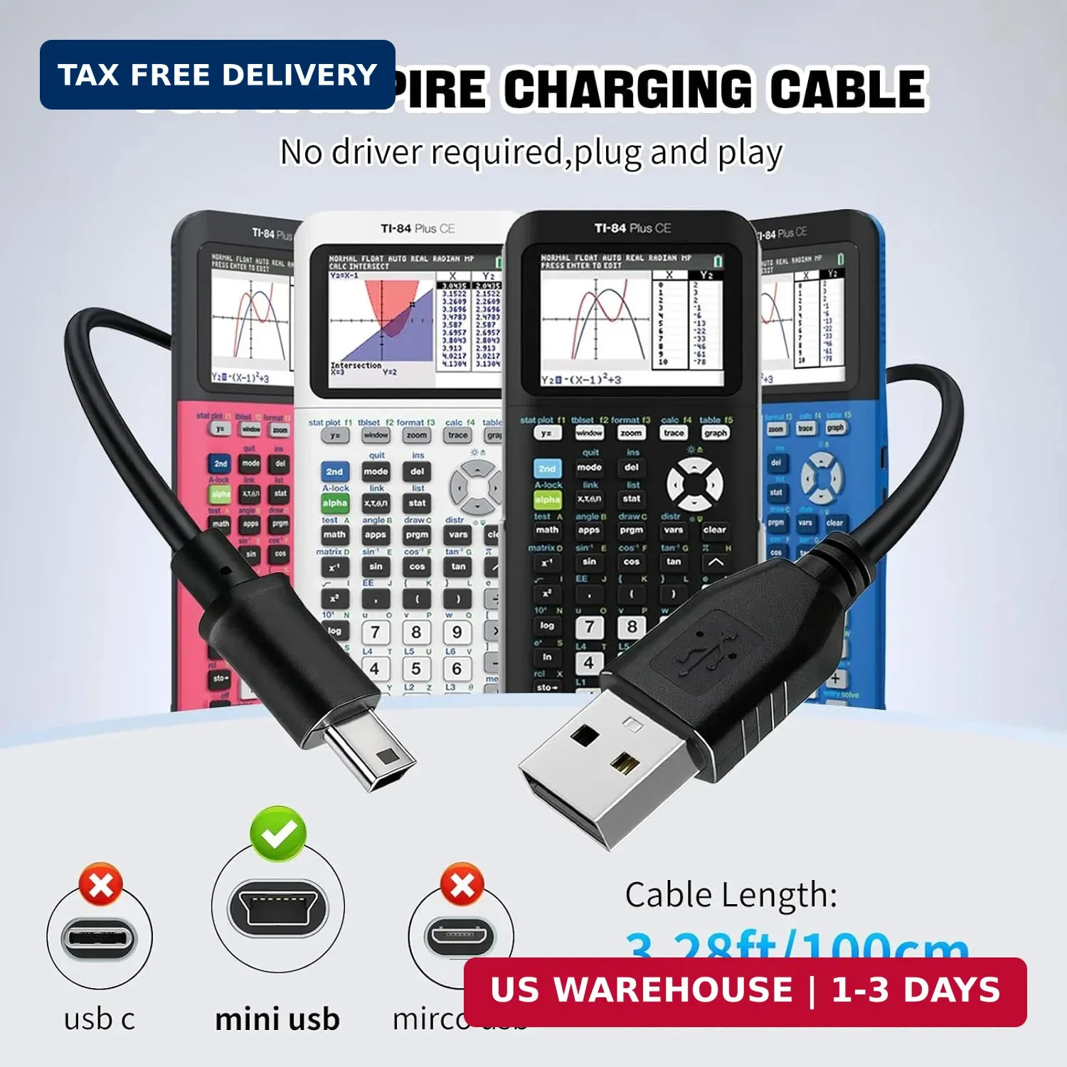 Ti-84 Plus ce Charger, ti84 Charger Cable for Texas Instruments Black