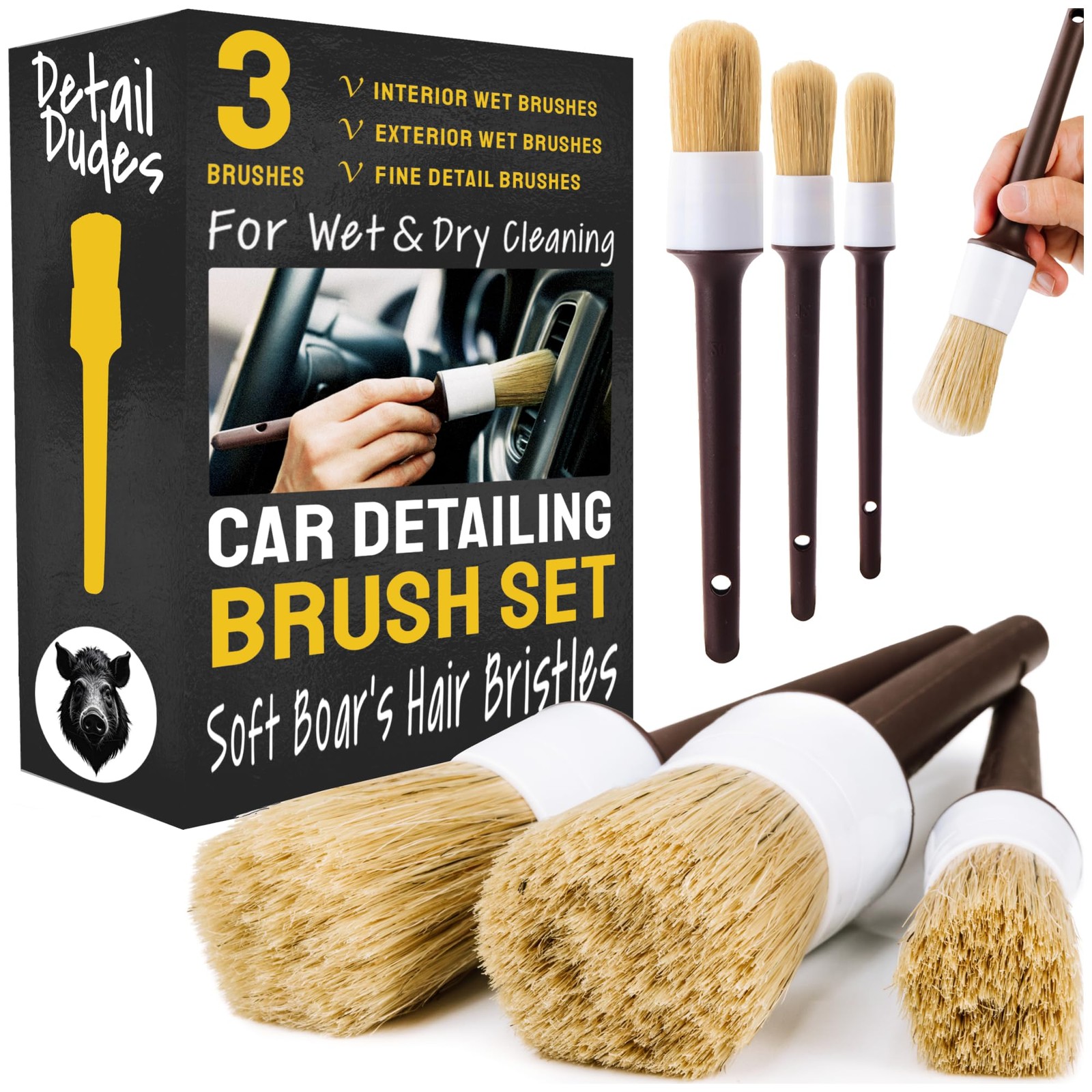 Car Detailing Brush Set 3-Pack – Soft Boar Hair 3 Pack(Starter), Brown