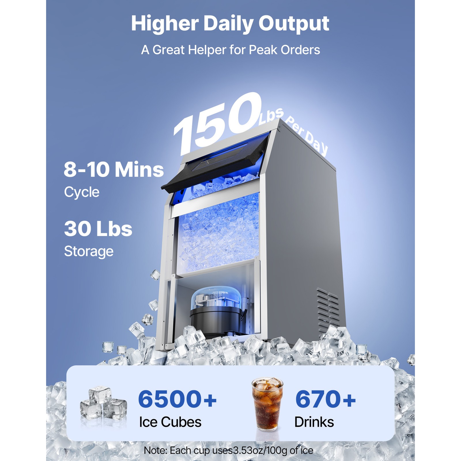 Uimoso 150lbs Commercial Ice Maker Built-in Ice Cube Machine Dual Water Inlet