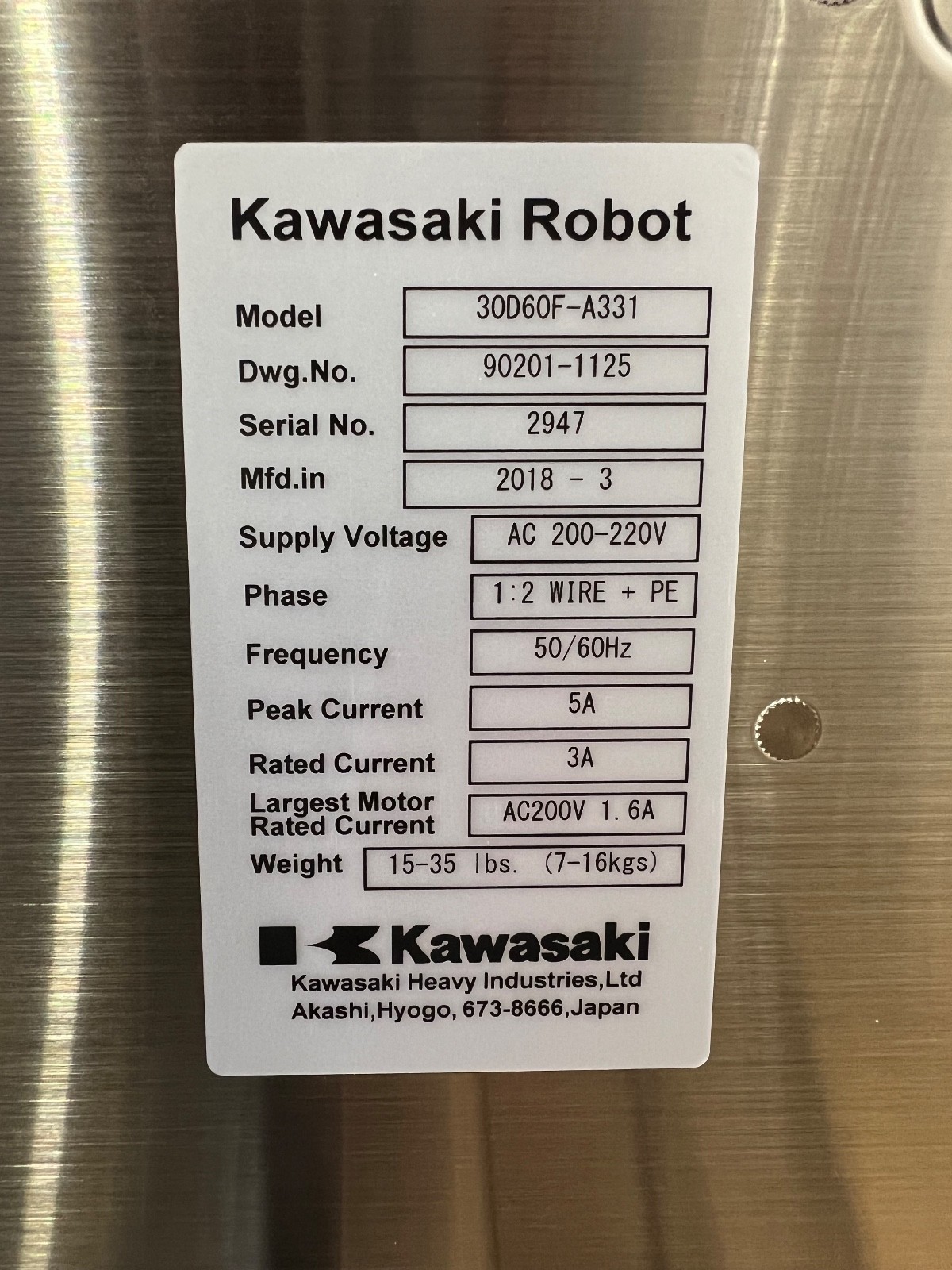 Kawasaki 3NT420B-B050 Wafer Handling Robot with 30D60F-A331 Controller & Cables