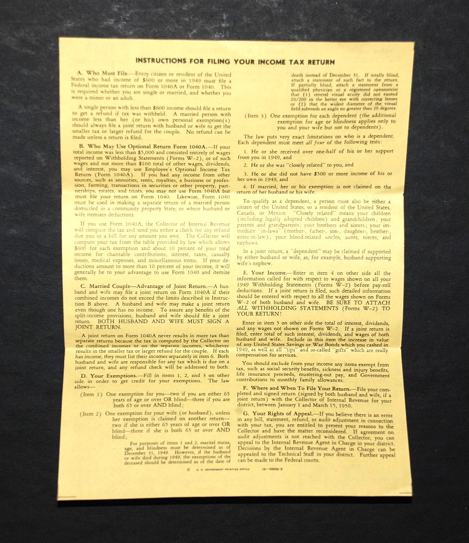 United States U.S. INDIVIDUAL INCOME TAX RETURN Form 1040A Unused IRS VTG 1949