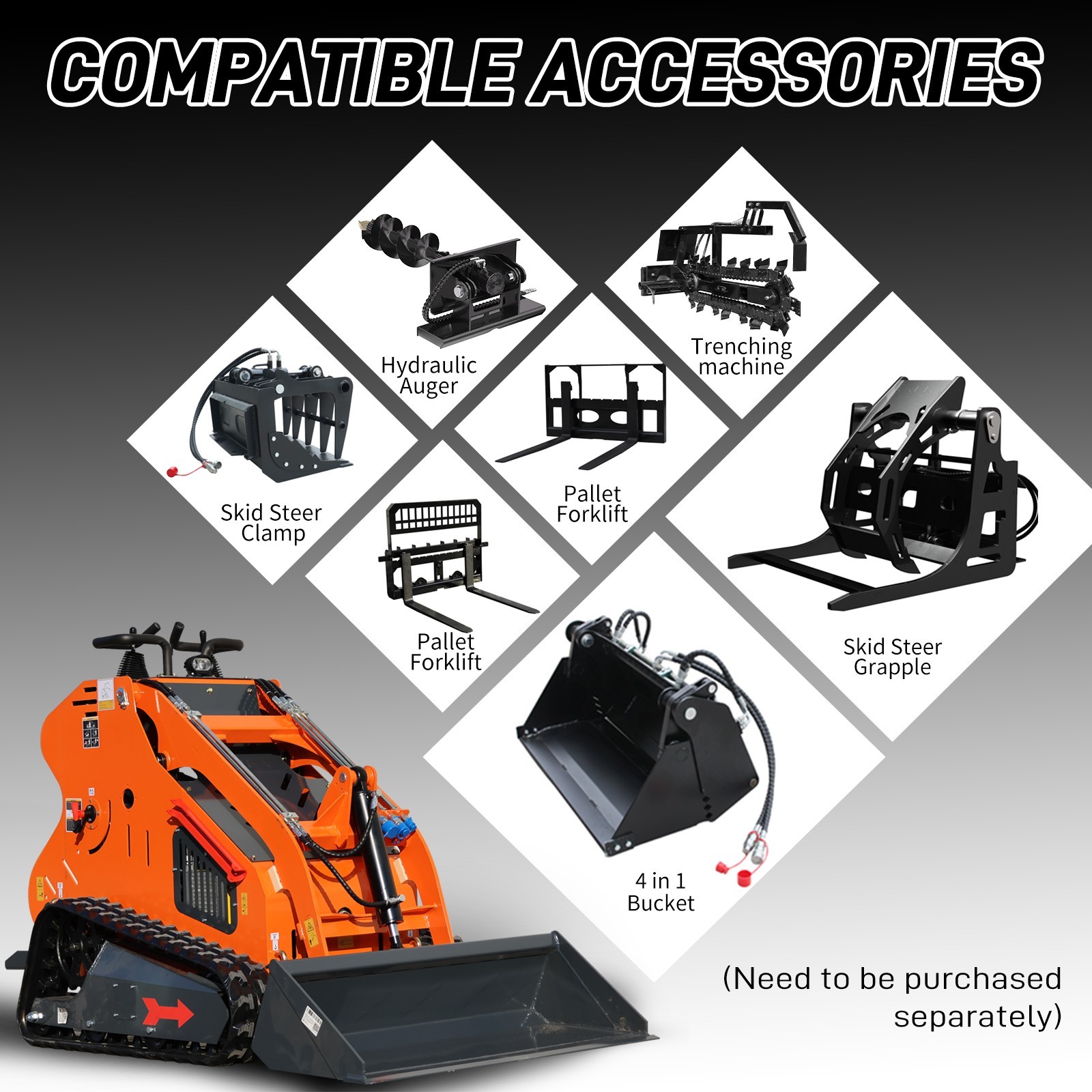 24HP Mini Track Skid Steer Loader, RATO 2-Cylinder Engine, 3-Pump Hydraulic Syst