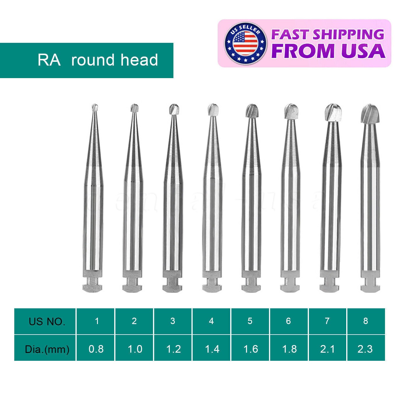 Dental Round Carbide Bur for Slow Speed Latch Type RA 1# -RA 8# Burs 22.5mm