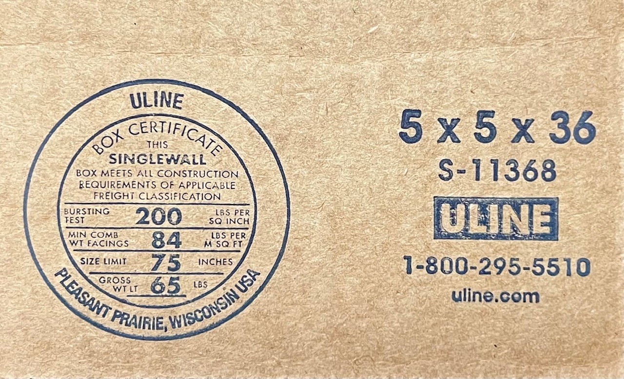 5″ x 5″ x 36″ CARDBOARD BOX – 200 lb – SINGLE BOX – TALL