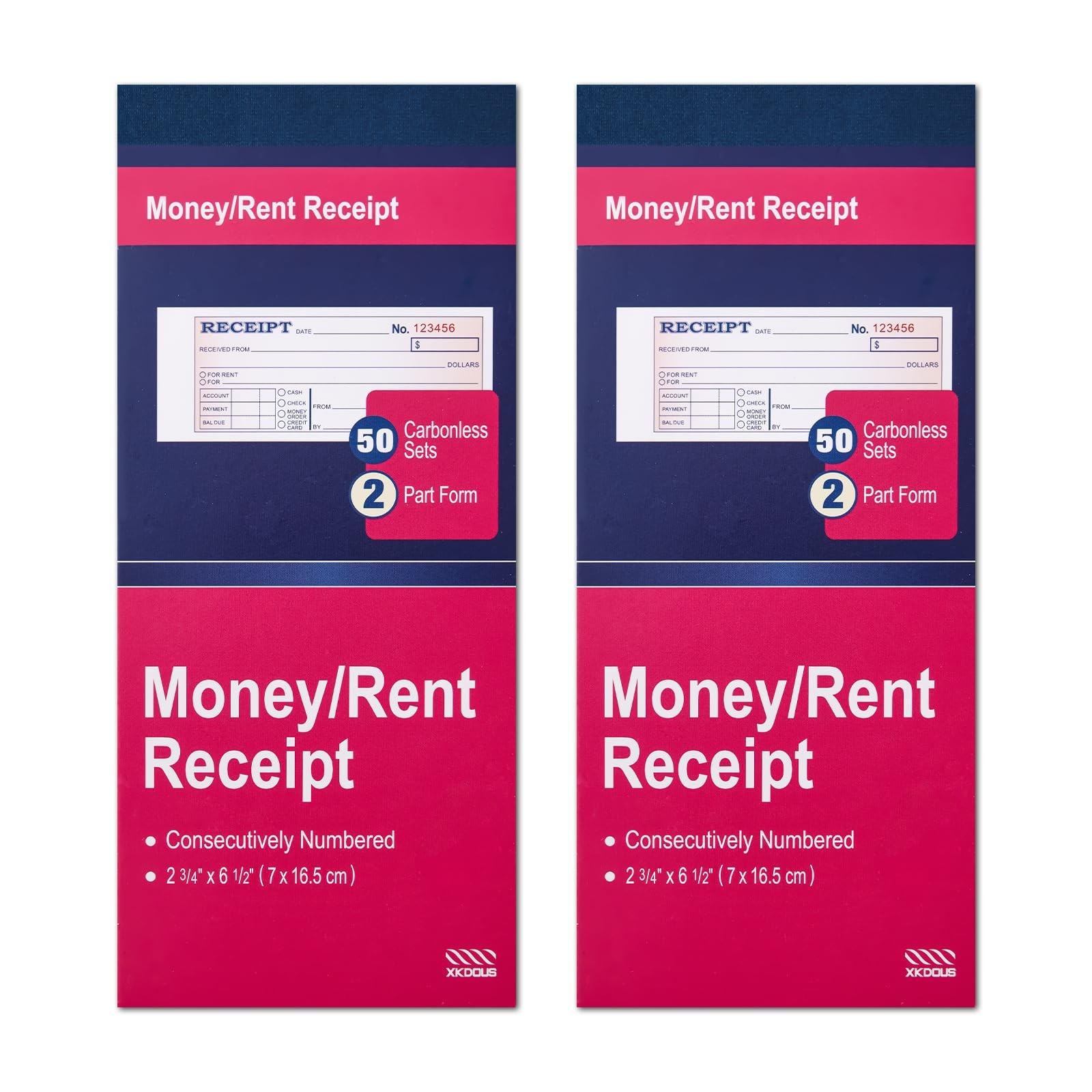 XKDOUS 2 Pack Money and Rent Receipt Book, 2-Part Carbonless, 2-3/4 x 6-1/2