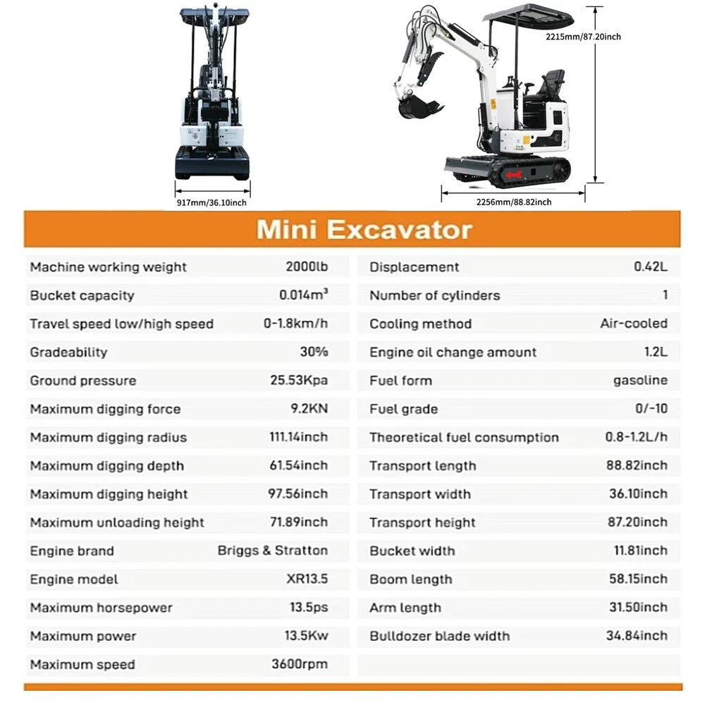 Upgraded 13.5HP Mini Skid Steer B&S Engine with 1Ton Mini Excavator 13.5HP B&S
