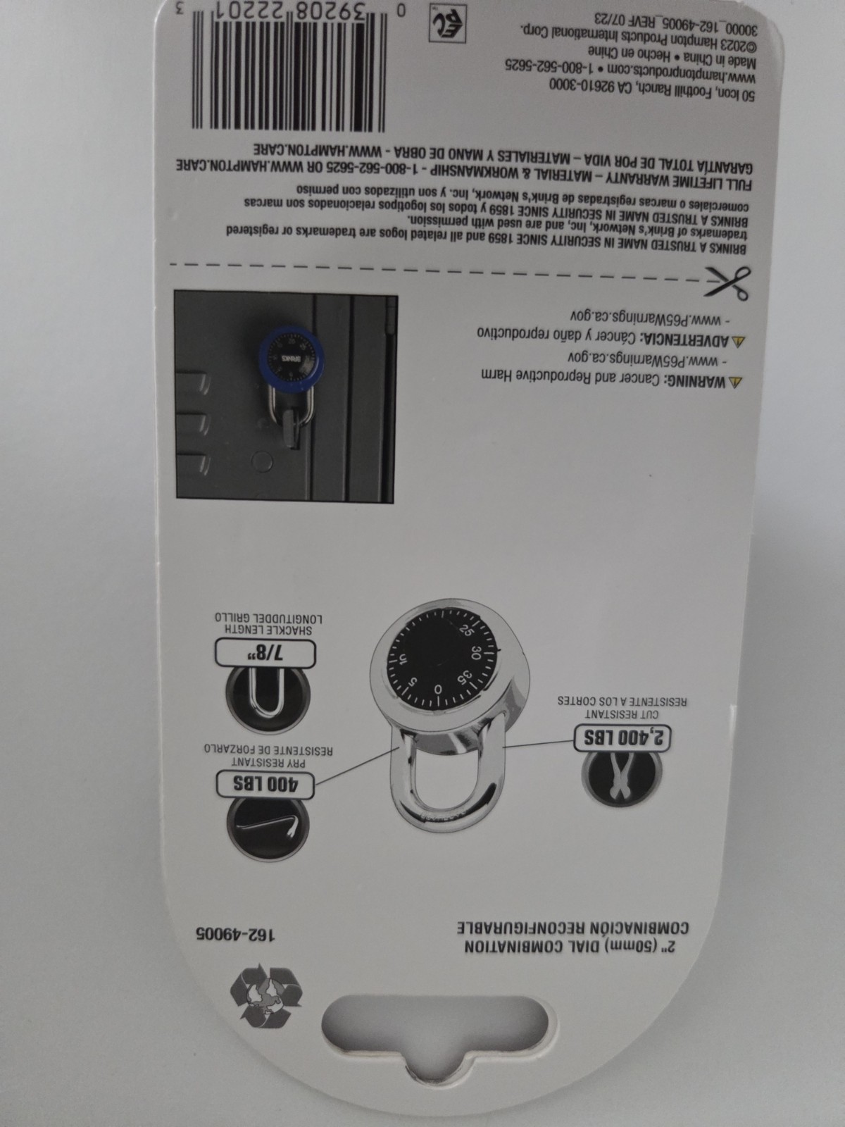 Brinks 2″ Dial Resettable Combination Padlock Steel Body/Shackle 162-49005
