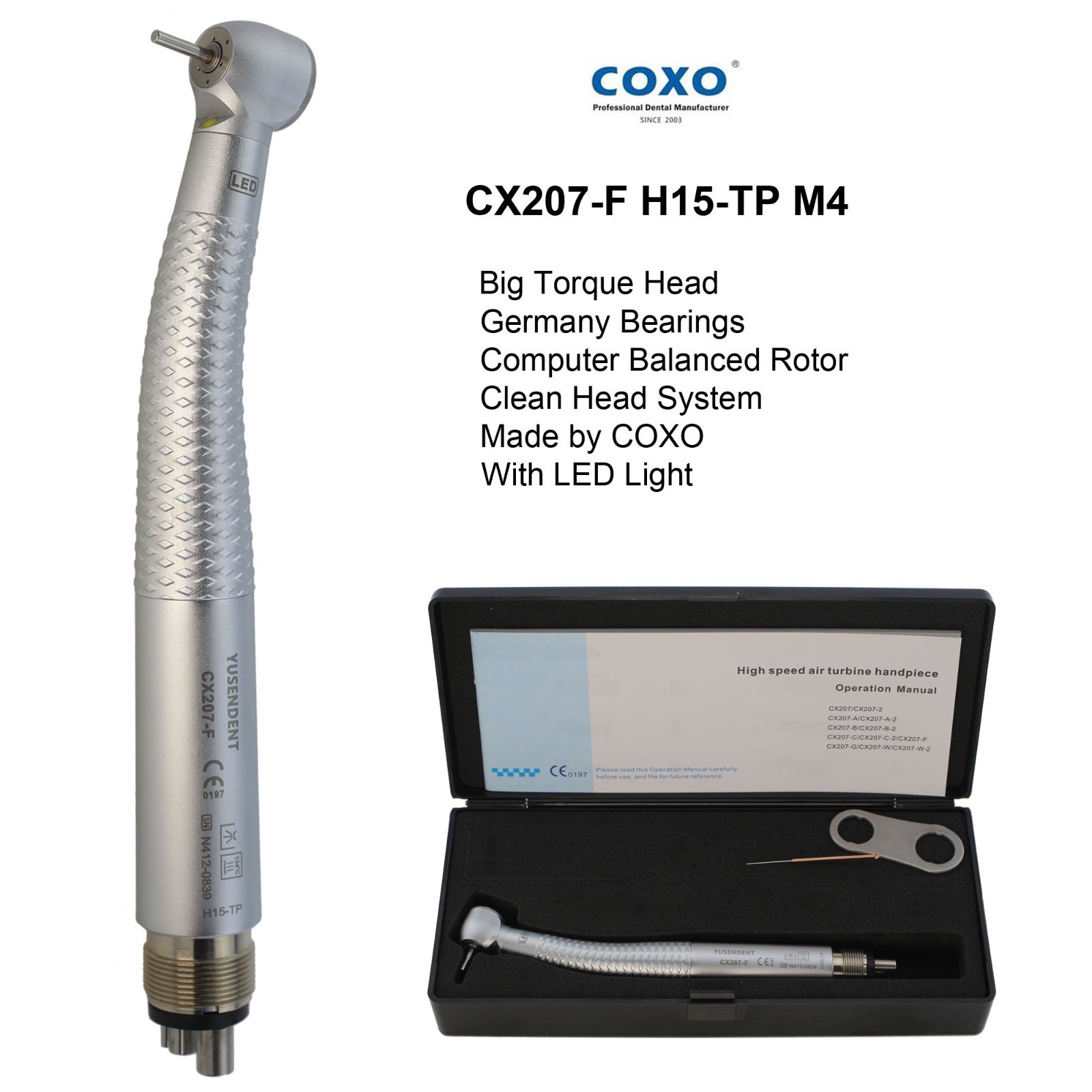 COXO Dental High Speed Handpiece 4 Hole LED Turbine E Generator Mini Head CX207