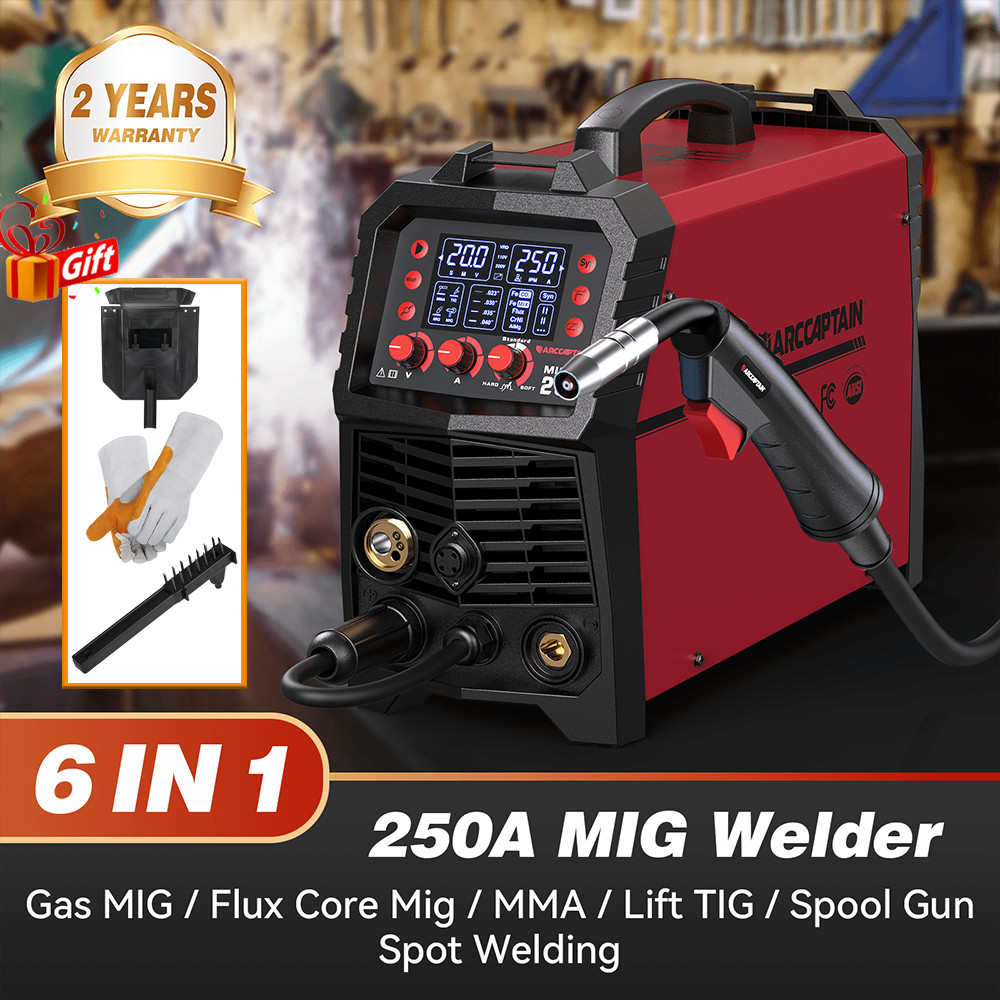 ARCCAPTAIN MIG250 250Amp 6-in-1 MIG Welder 110/220V Digital Synergic LED Display