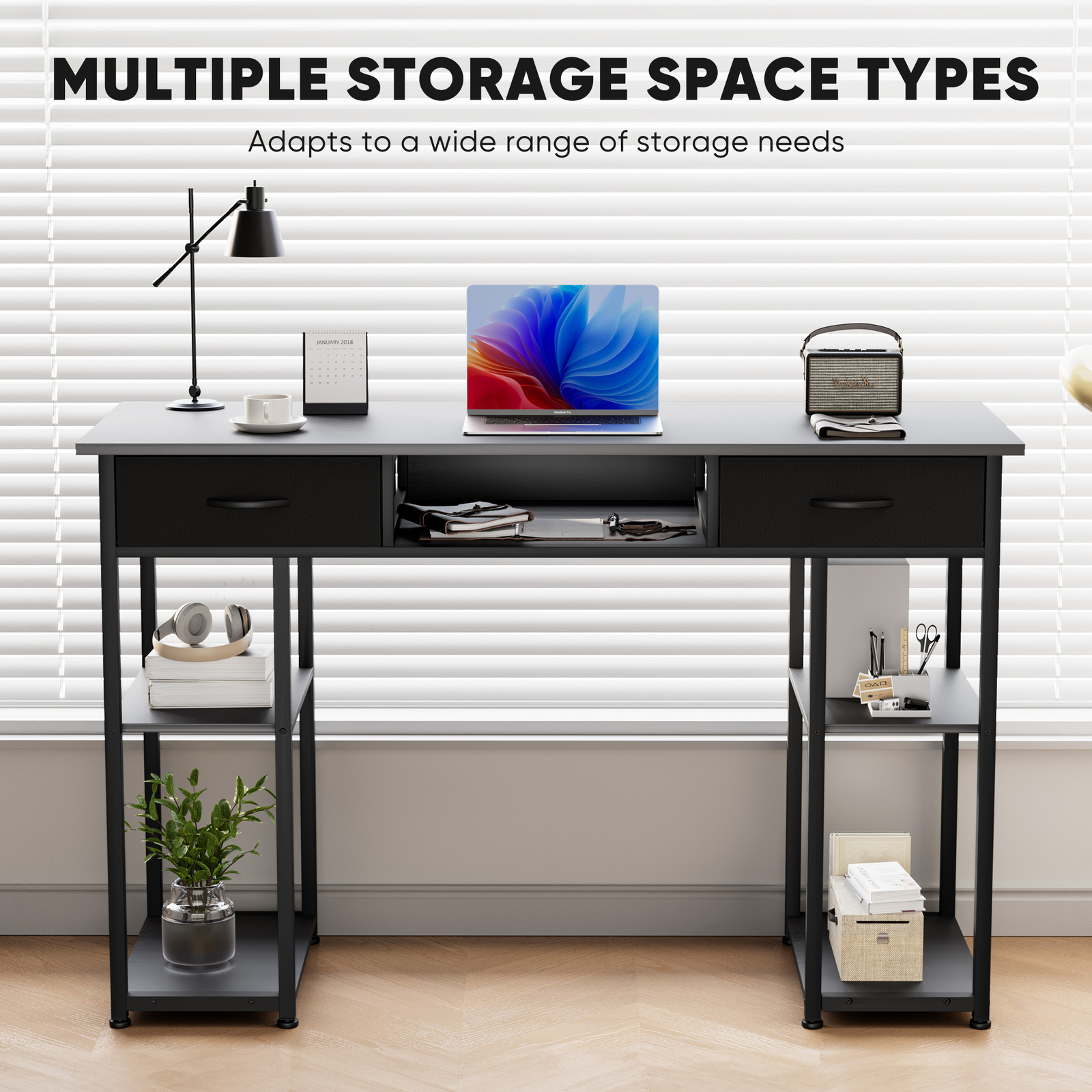 Computer Desk Home Office Table with PC Stand, Fabric Drawers Headphone Hook