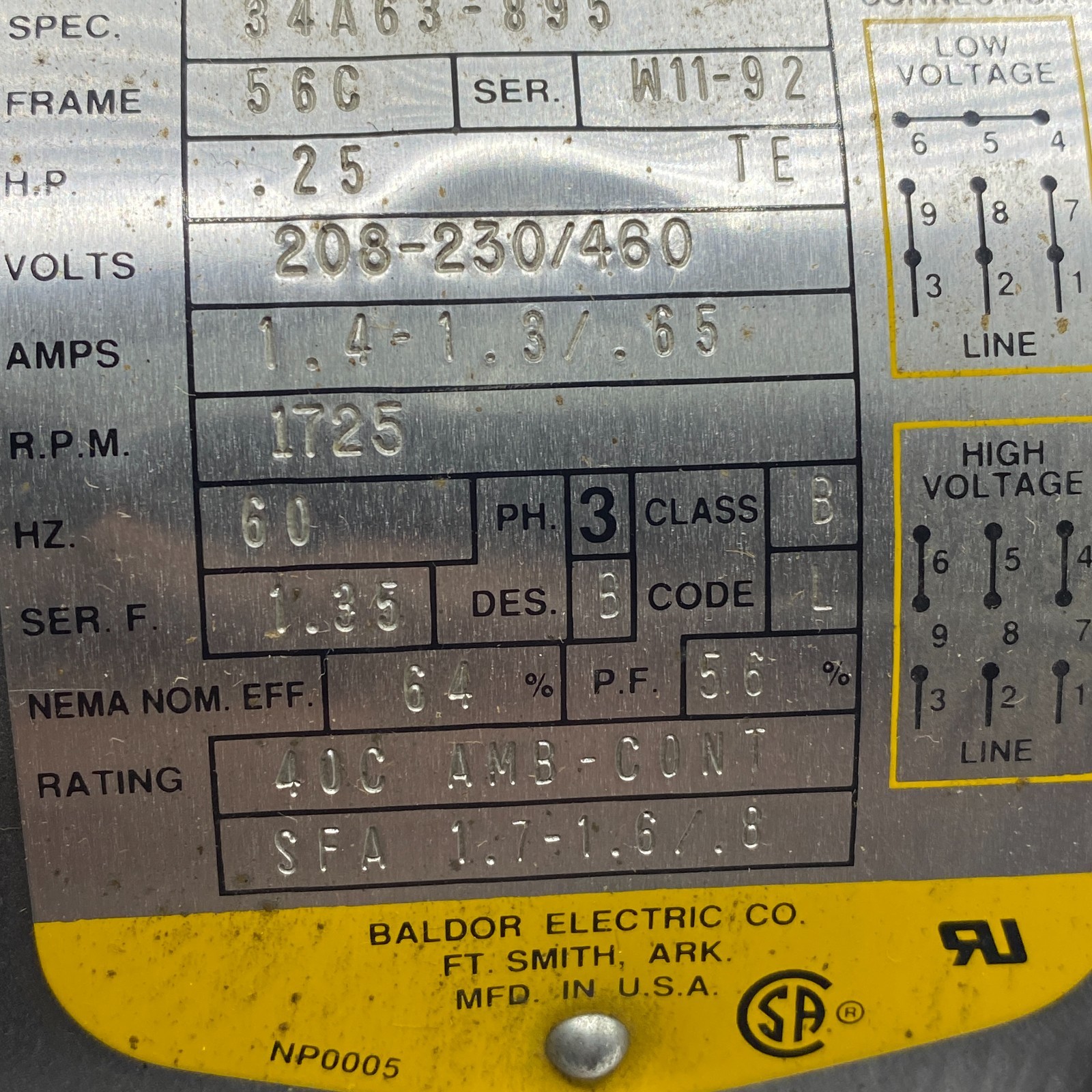 BALDOR KM3454 INDUSTRIAL MOTOR THREE PHASE 1725RPM 60HZ 208-230/460 VOLTS