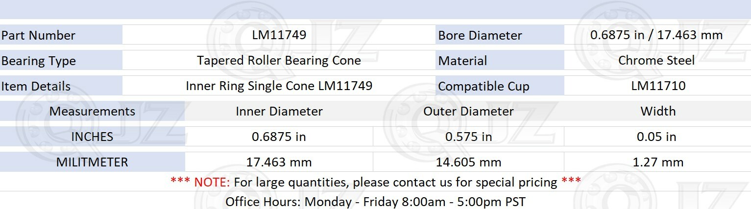 [Qty.2] LM11749 Tapered Roller Bearing Inner Cone 0.688in x 0.575in x 0.05in
