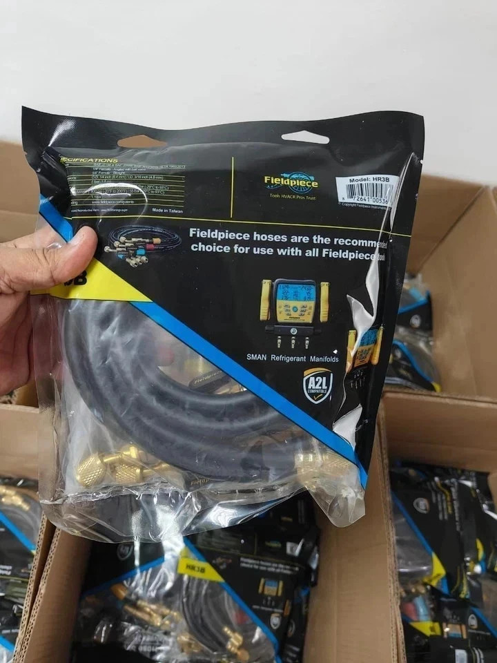 Fieldpiece HR3B Ball Valve Refrigerant Hose Set (3) w/ Color Tags 1/4″ x 1/4″