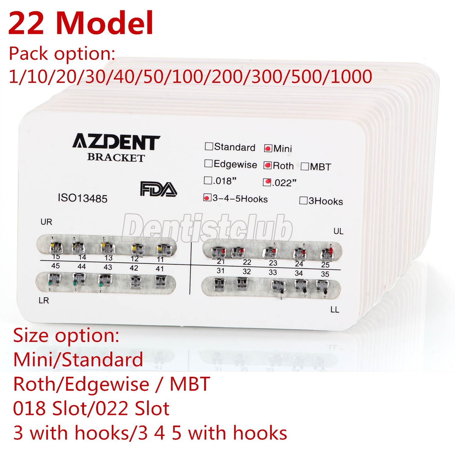 AZDENT Dental Orthodontic Brackets Braces Metal Mini Roth/MBT .022 Hooks 345