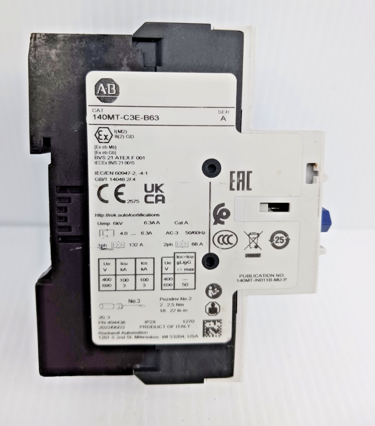 Allen Bradley 140MT-C3E-B63 Motor Protection Circuit Breaker 4.0-6.3 A