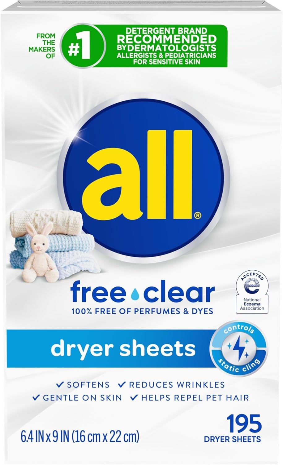 All Free Clear Unscented Fabric Softener Dryer Sheets, 195 Count