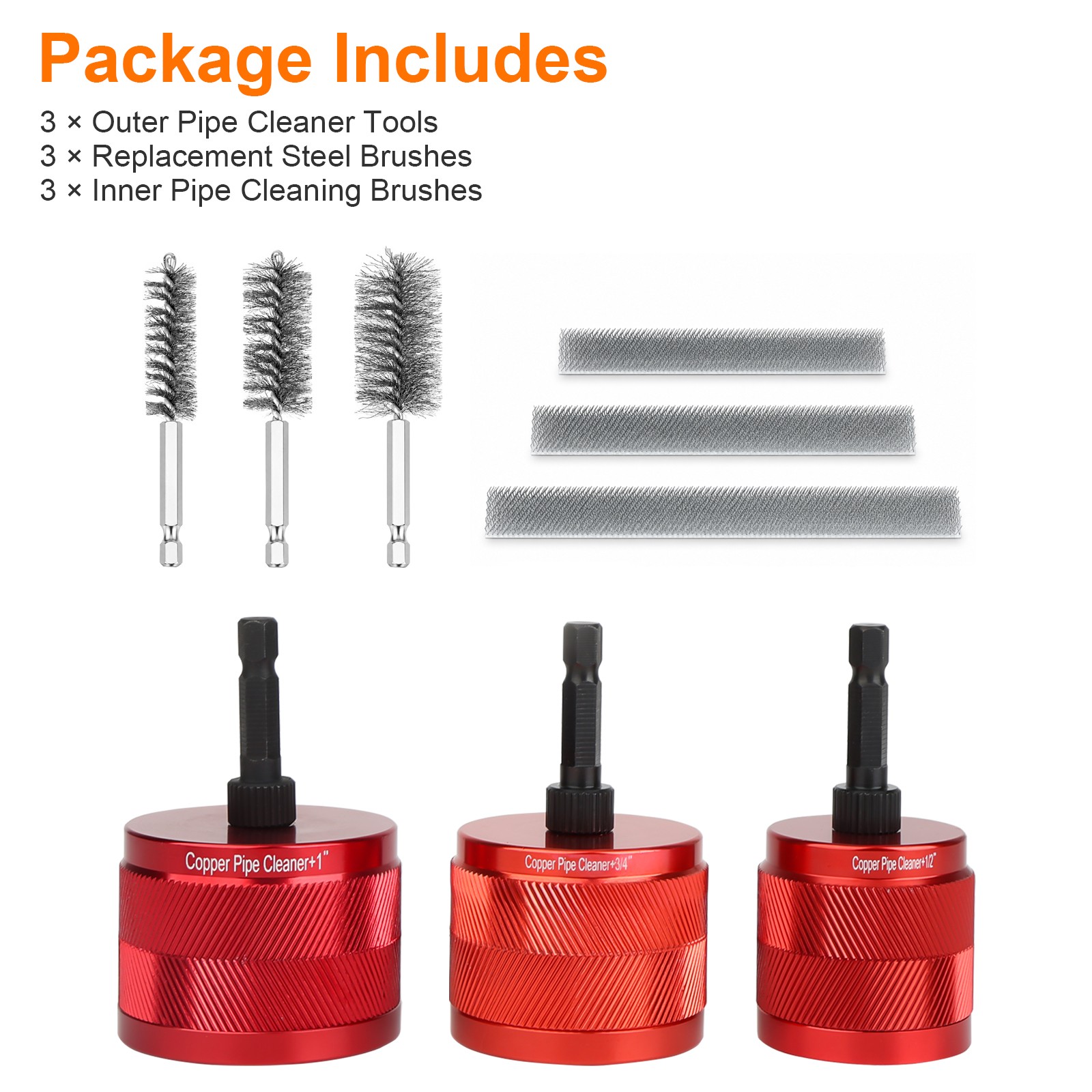 1/2″ 3/4″ 1″ Copper Tube Cleaning Brush Set for Drill Plumbing Pipe Cleaner Tool