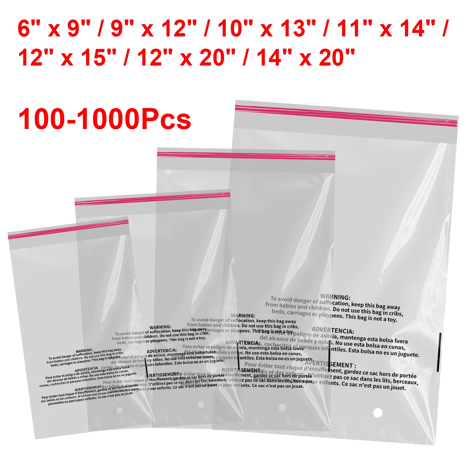 100-1000x Suffocation Warning Clear Poly Bags Self Adhesive for Shirt Clothes