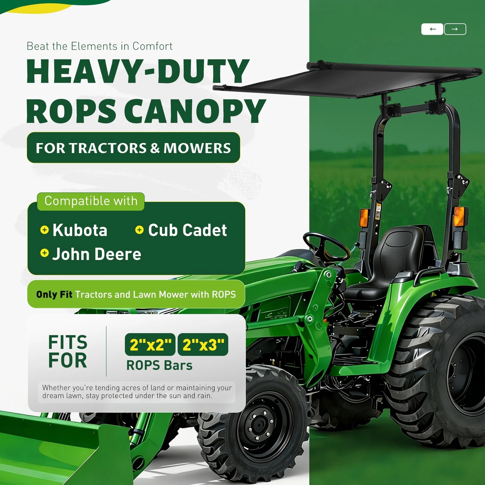 For John Deere Kubota 2″x2″ or 2″x3″ ROPS Tractor Canopy Top Mowers UV Protect