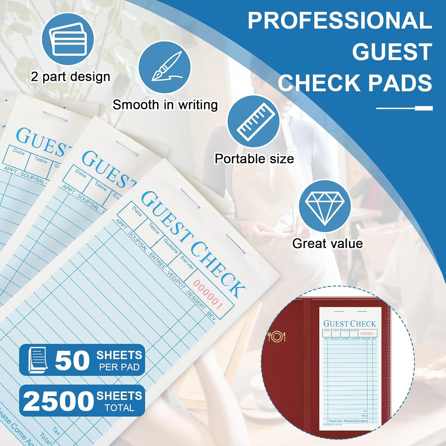 50 Pack Guest Check Pads Server Note Pads 3.5 x 6.7 Inch Guest Check Book for Se