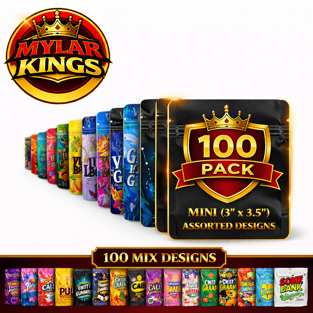 100 Pack 1g Smell Proof Foil Mylar Bags 3” x 3.5” Mix Designs Zip Bags