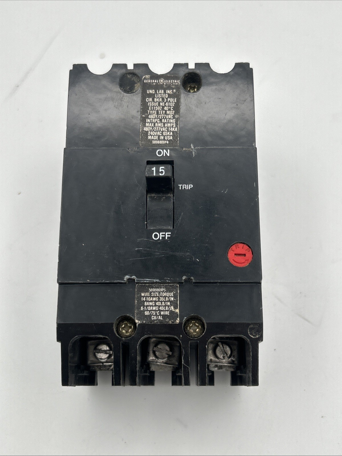 GE GENERAL ELECTRIC 15 AMP BOLT ON CIRCUIT BREAKER 3P 480/277 VAC TEY315