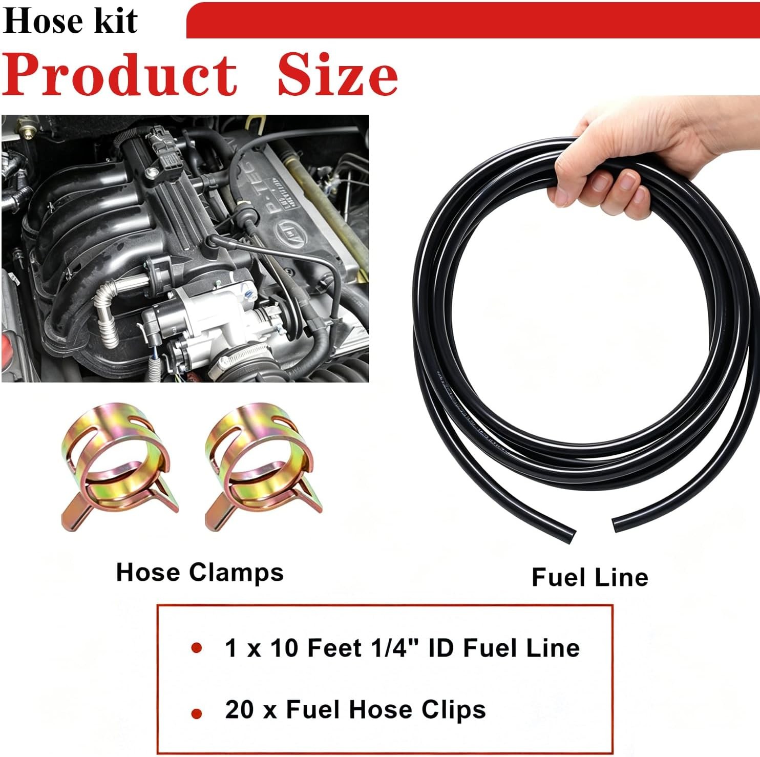 10Ft 1/4 Inch Fuel Line Hose with 20 Clamps, Rubber Fuel Line for Lawn Mower Dir