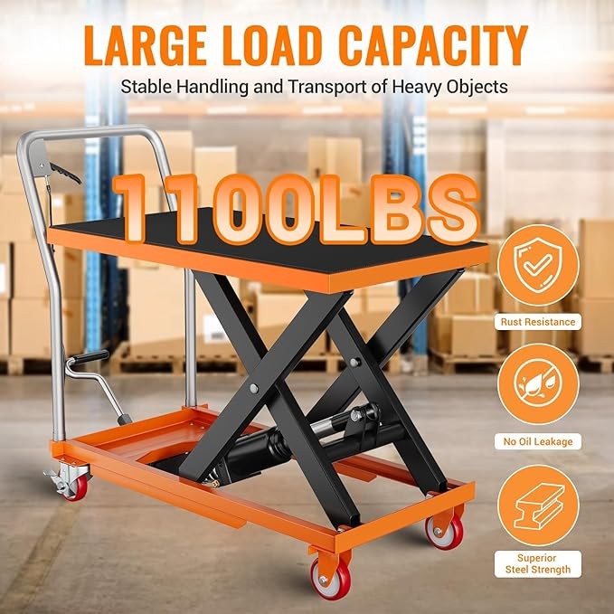 Garvee Hydraulic Scissor Lift Table Cart 1100Lbs 35.4″ Manual Heavy Duty Orange