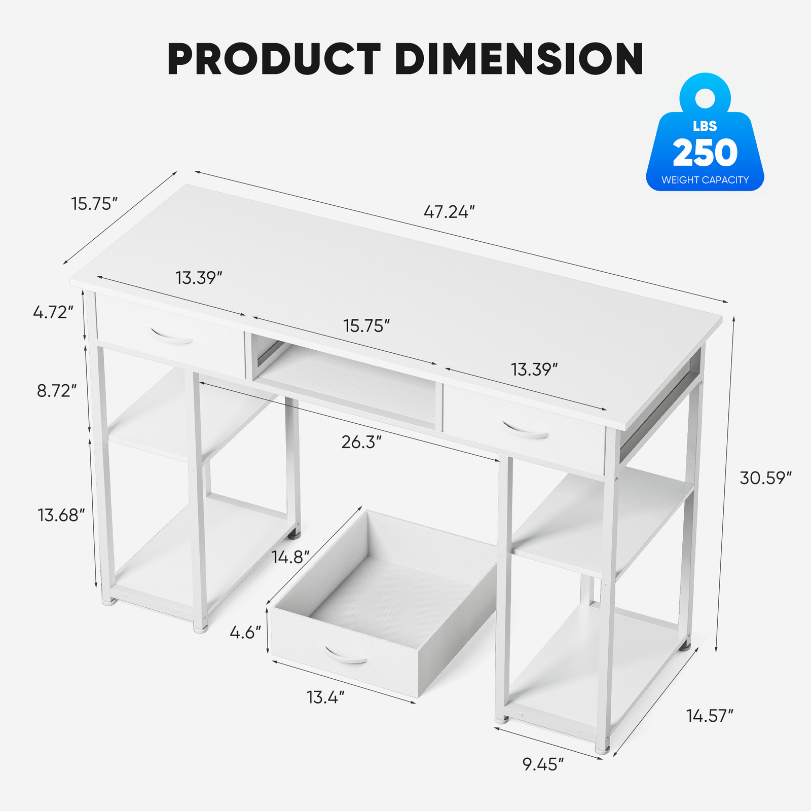 Computer Desk Home Office Table with PC Stand, Fabric Drawers Headphone Hook