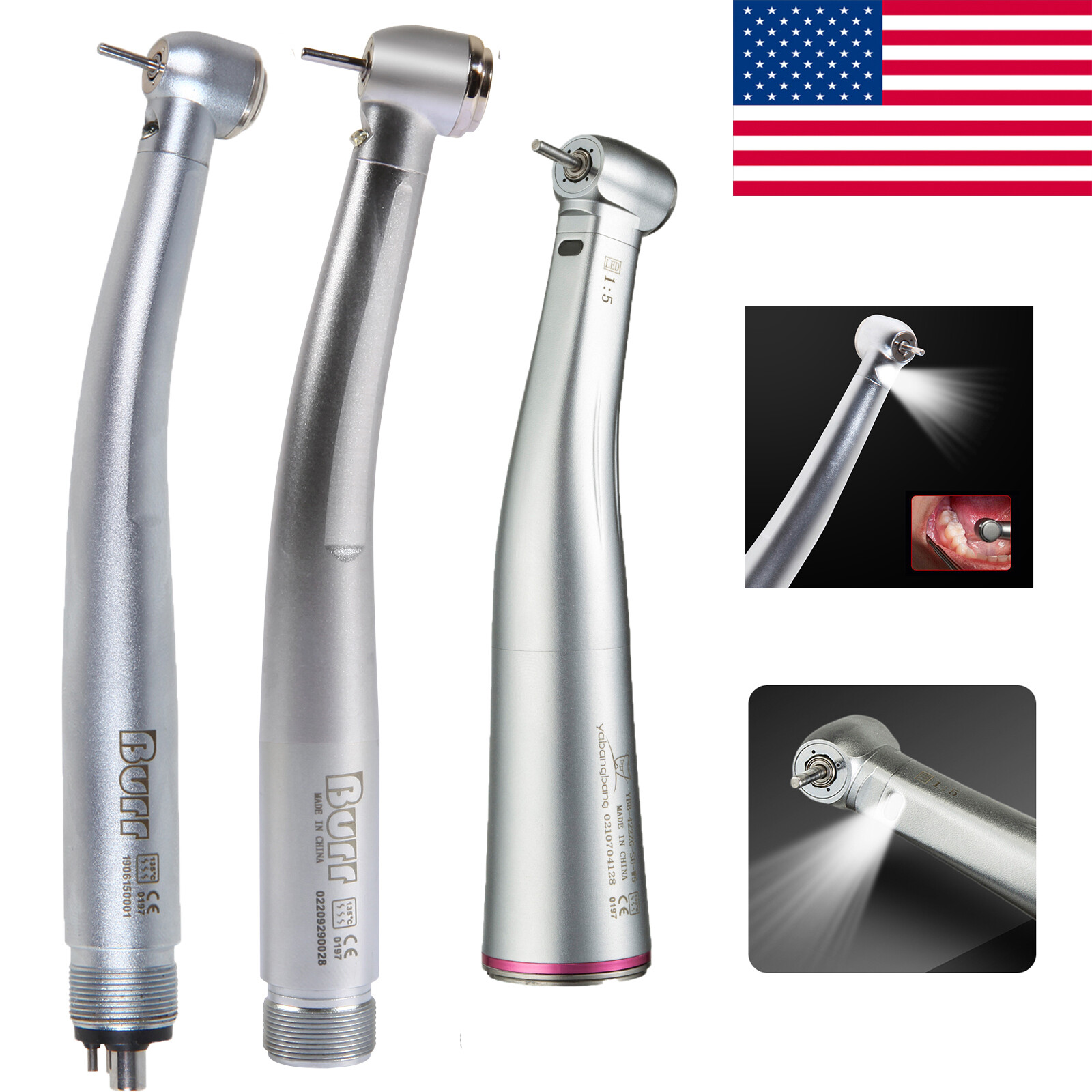 Yabangbang Dental LED High Speed Turbine /1:5 Fiber Optic Contra Angle Handpiece