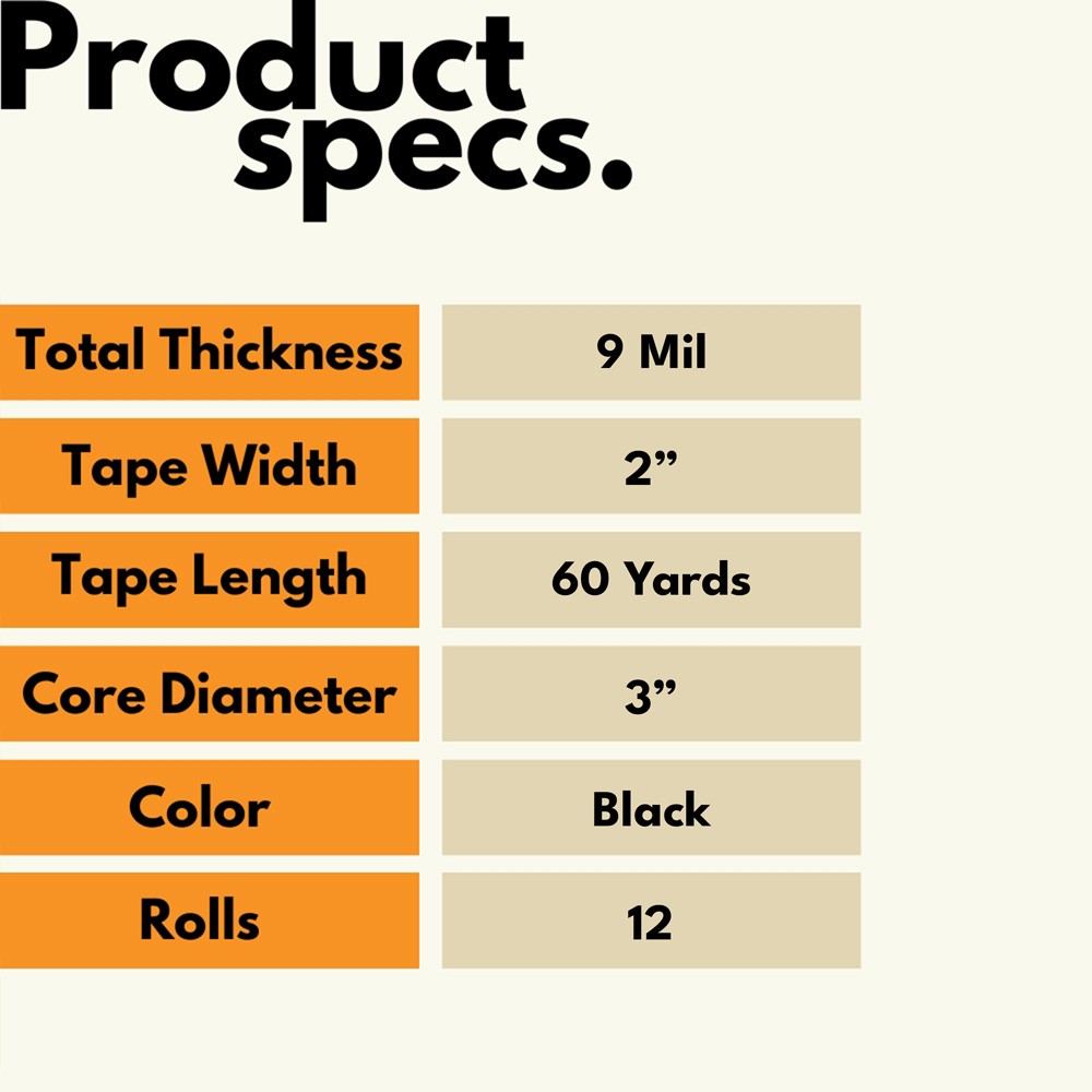 12 Rolls 2″ x 60 Yards, 9 Mil Black Utility Grade Duct Tape, Adhesive Tapes