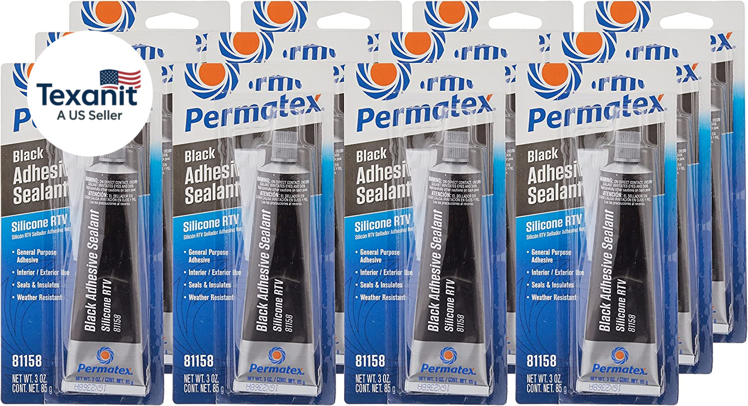 81158-12PK Black Silicone Adhesive Sealant, 3 Oz. Tube (Pack of 12)