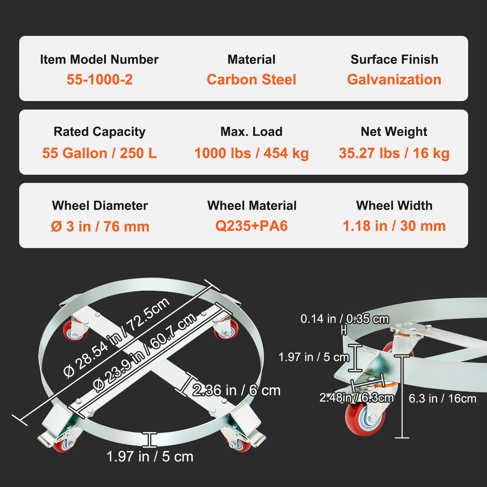 VEVOR 2PCS 55 Gal Drum Dolly Heavy Duty Barrel Cart 1000lbs with Swivel Casters
