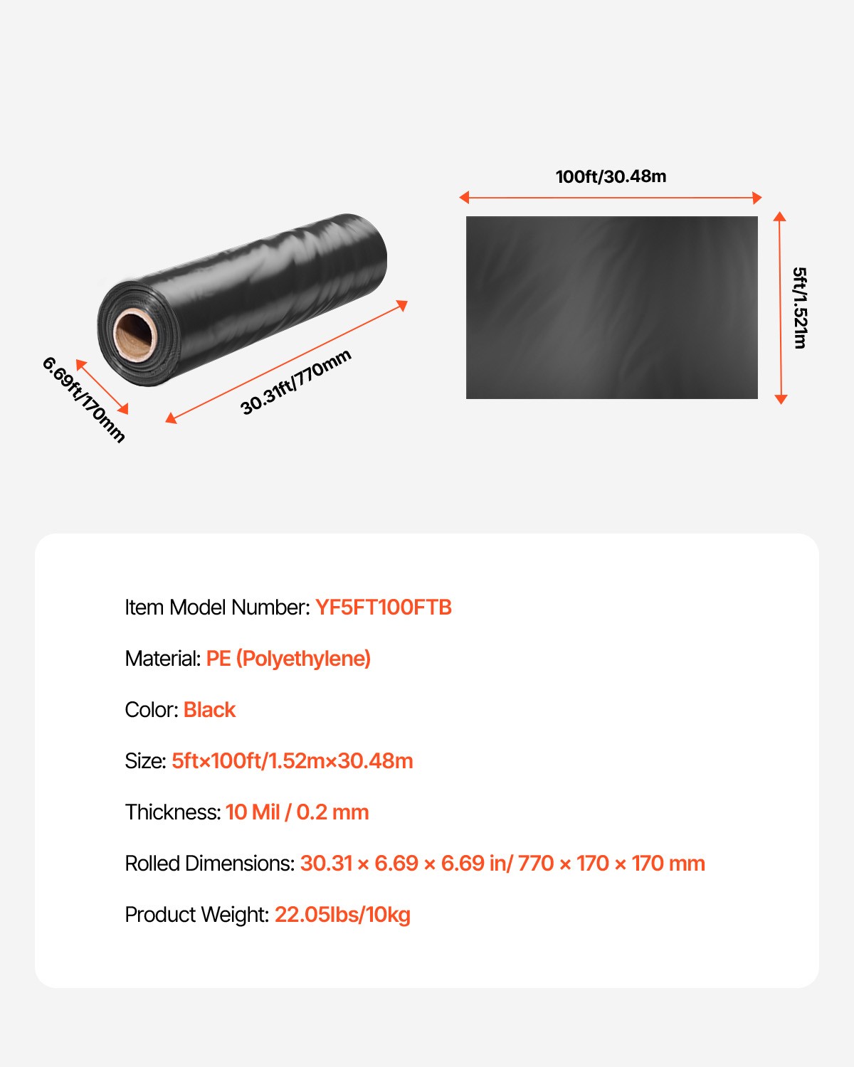 VEVOR 10Mil Plastic Sheeting Roll 5 x 100 FT Heavy Duty Polyethylene Black