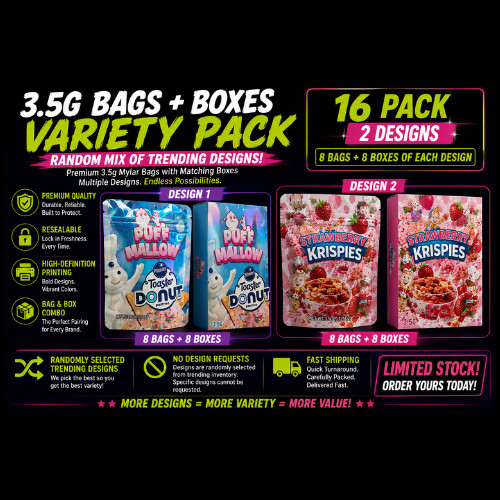 3.5 gram mylar bags plus Box Variety Mix & Match Trending Designs 16-128 Packs🔥