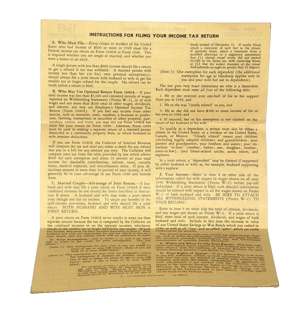 United States U.S. INDIVIDUAL INCOME TAX RETURN Form 1040A Unused IRS VTG 1949