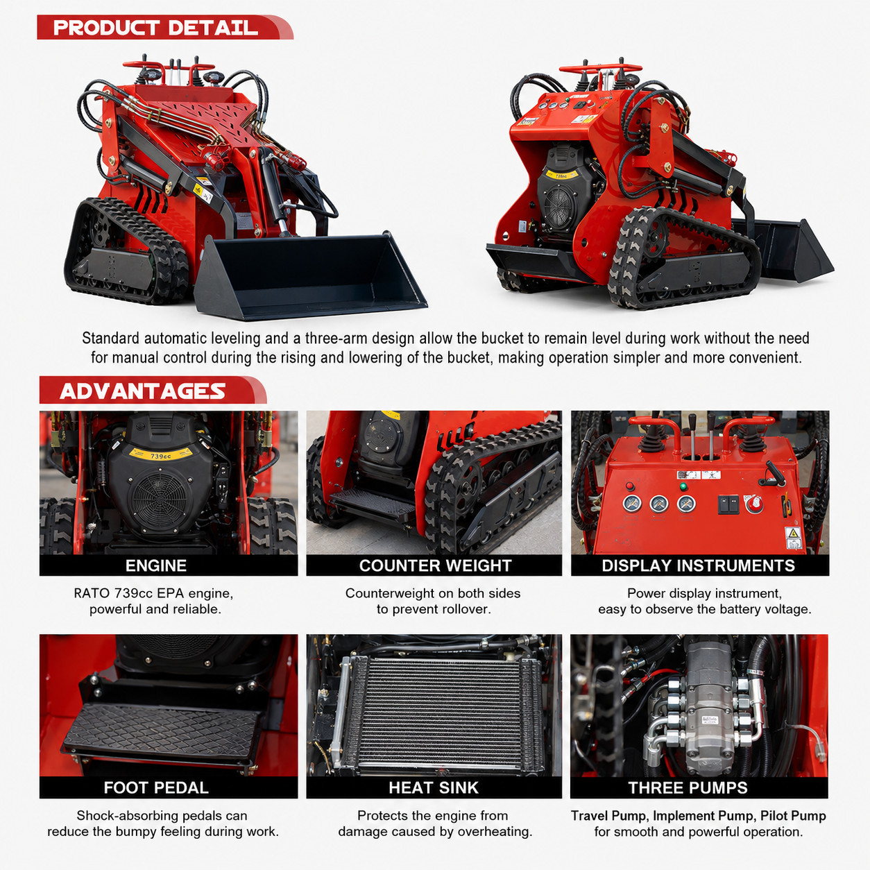 NEW 2645Lbs Tracked Mini Skid Steer Loader 23HP 3-Pumps Dual Level Operation EPA