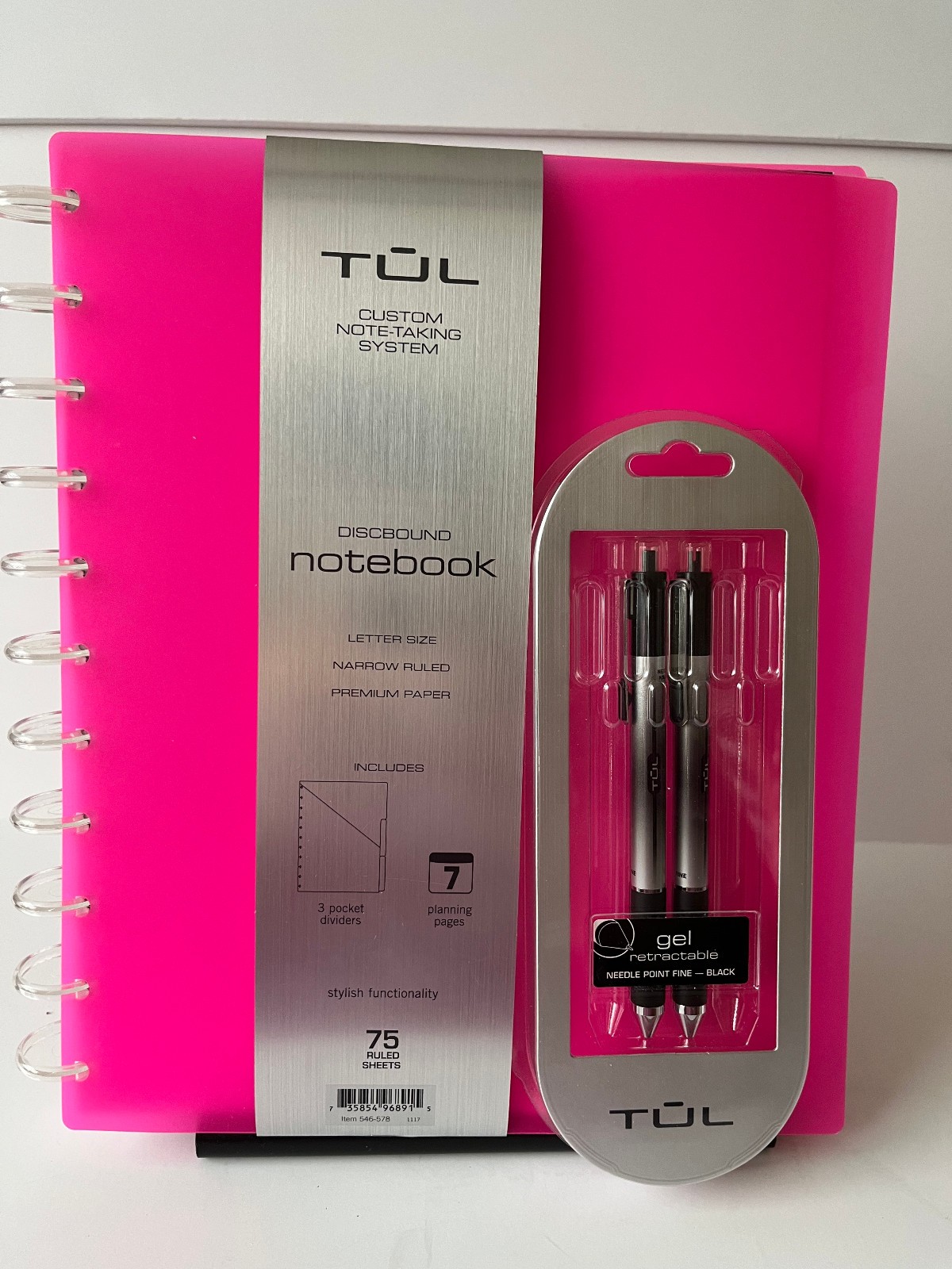 Tul Discbound Notebook Planner Letter Size Hot Pink Poly Cover with 2 Gel Pens