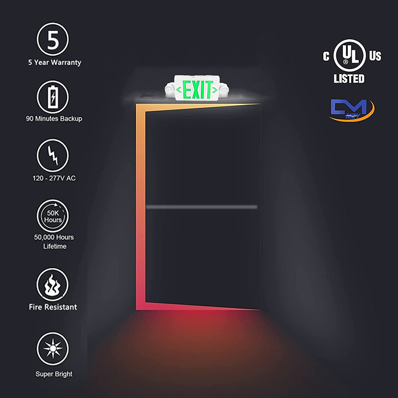 4PACK Green Exit Sign Emergency Light Combo ABS Fire Safety 90m Backup UL listed