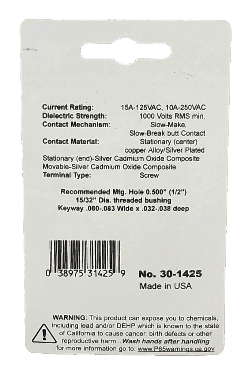 15A @ 125VAC – ON OFF – SPST Heavy Duty AC Push Button – 10A @ 250VAC – 30-1425