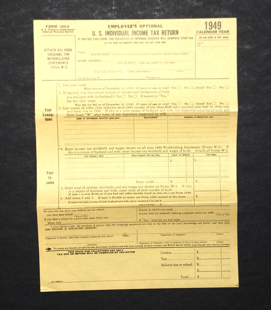 United States U.S. INDIVIDUAL INCOME TAX RETURN Form 1040A Unused IRS VTG 1949
