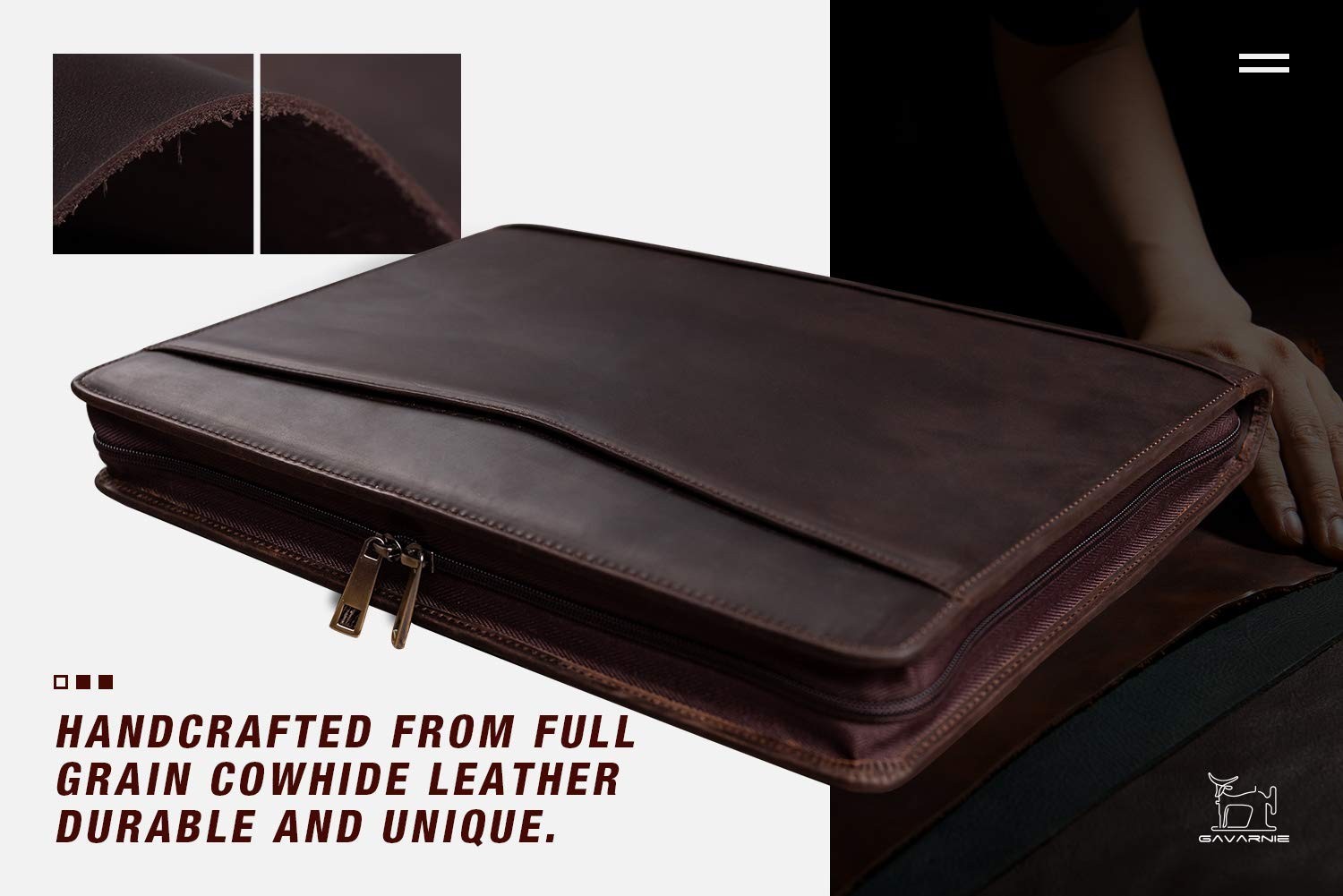 Leather Business Portfolio Padfolio with Zipper for 13″ Laptop & Notepad – Dark