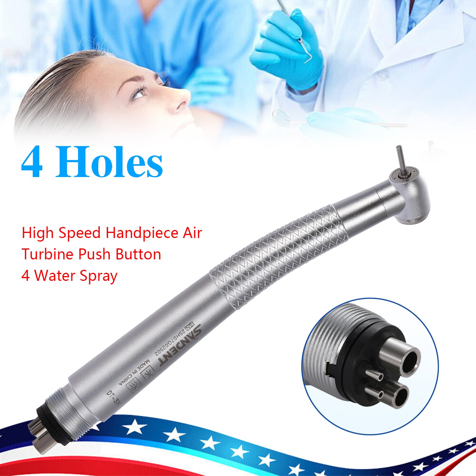 SANDENT Dental High Speed Handpiece Push Button 4 port spray 4 Hole Fit NSK