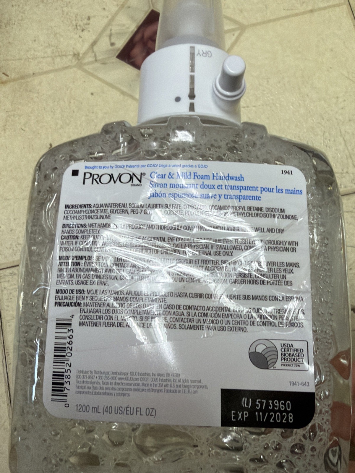 2 PROVON 194102 1200 mL Clear & Mild Foam Hand Wash Refill Unscented Exp 11/2028