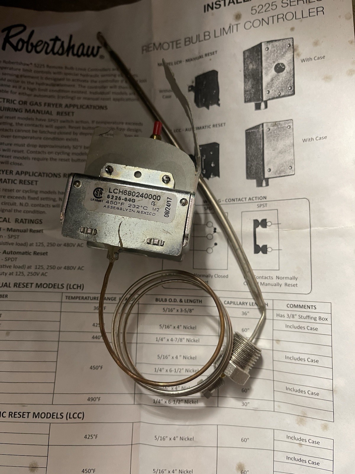 ROBERTSHAW LCH680240000 HIGH LIMIT SAFETY CUT OUT THERMOSTAT FRYER 232°C 450°F