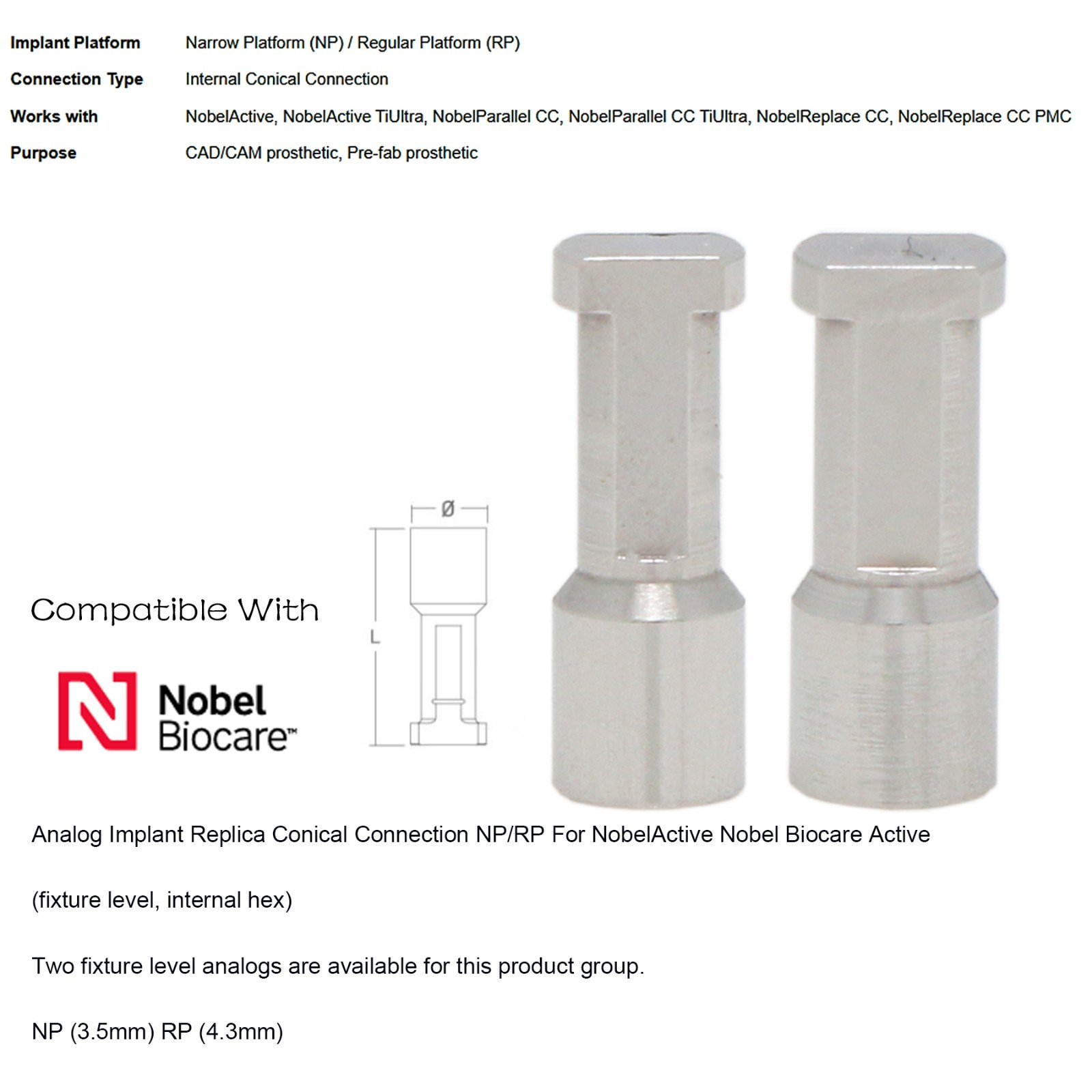 Nobel Biocare CC Hex Locator/Healing Cap Abutment Analog Impression Coping NP/RP
