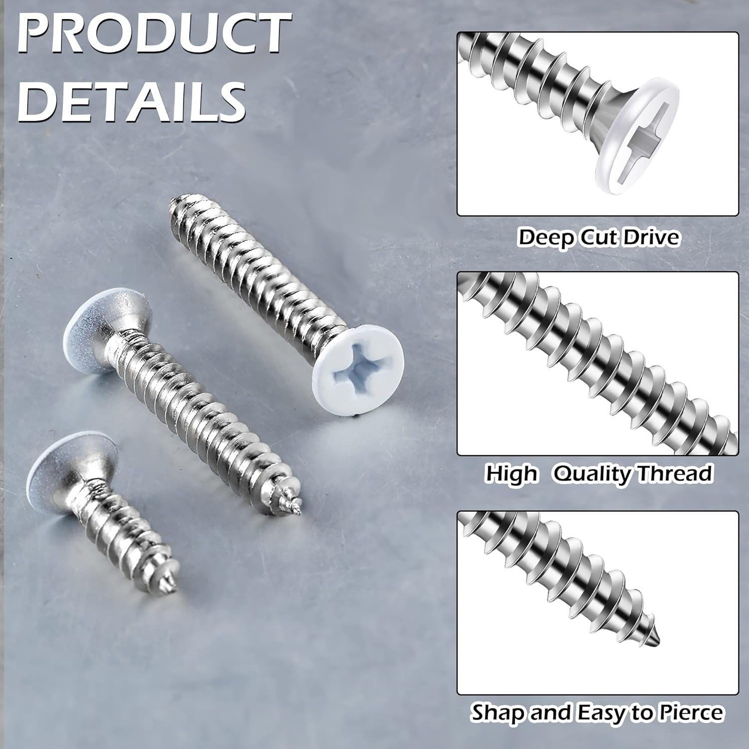 120 Pcs #8 White Head Wood Screws Self Tapping 3 Assorted Sizes for Wall