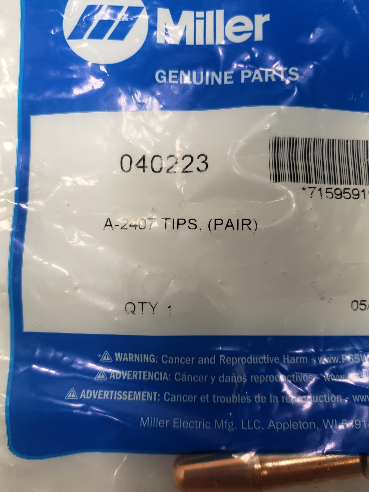 Miller Genuine Parts 040223 A-2407 Pointed Tips Pair Quantity One New